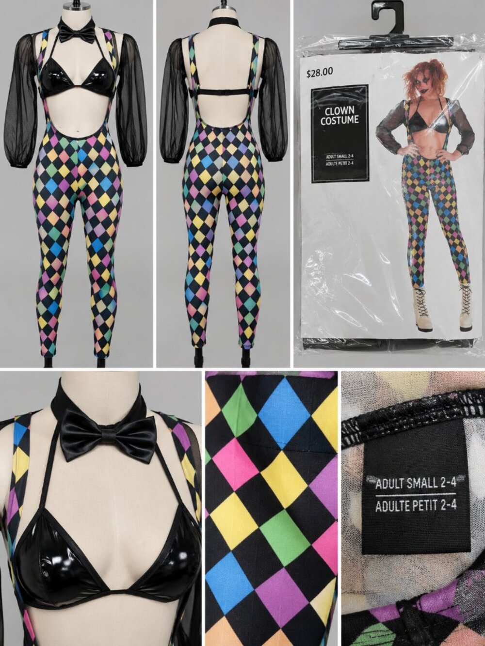 Clown Costume Adult S/M/L Harlequin Diamond Print Halloween Cosplay NIP